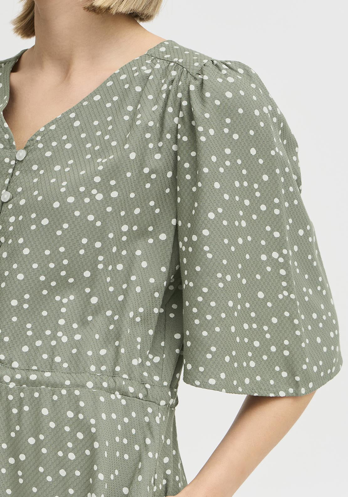 Fransa Casual Flared Sleeve Light Woven Dress - Agave Green Mix 3 Shaws Department Stores