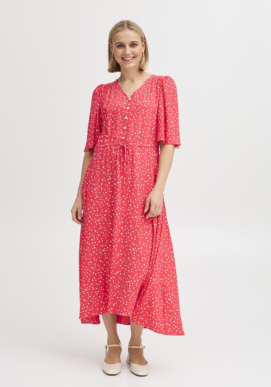 Fransa Casual Flared Sleeve Light Woven Dress - Red 3 Shaws Department Stores