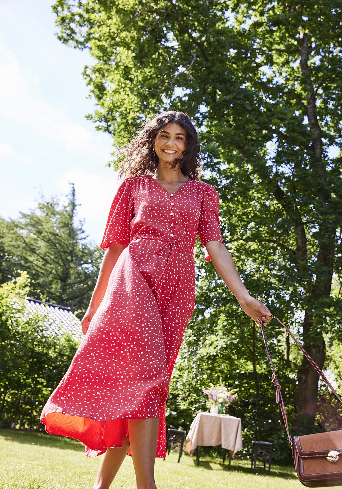 Fransa Casual Flared Sleeve Light Woven Dress - Red 1 Shaws Department Stores