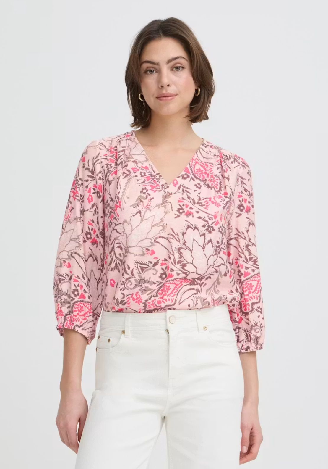 Fransa Floral V-Neck Blouse - Femi Bouquet Lotus 1 Shaws Department Stores
