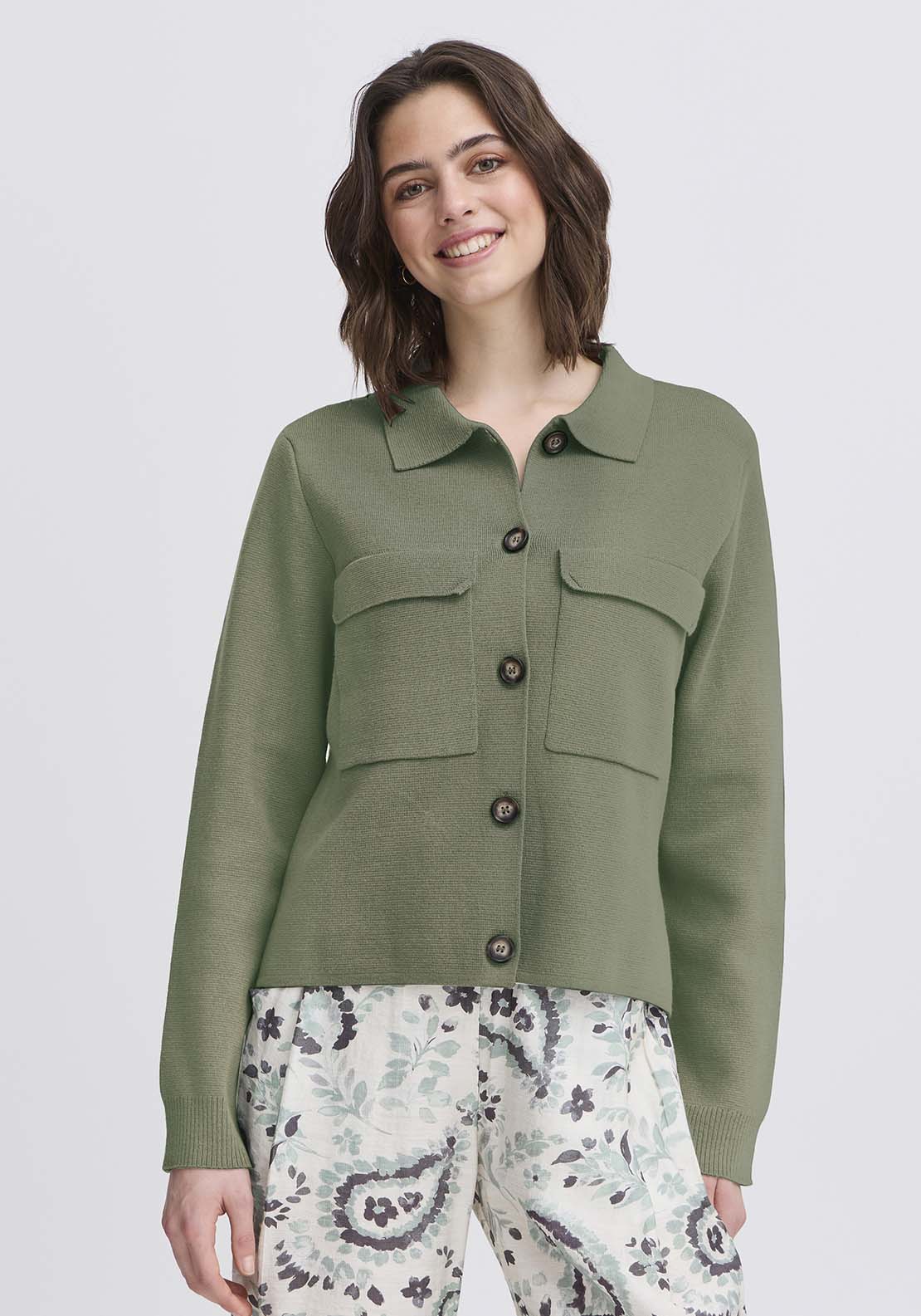 Fransa Knit Cardigan - Green 1 Shaws Department Stores