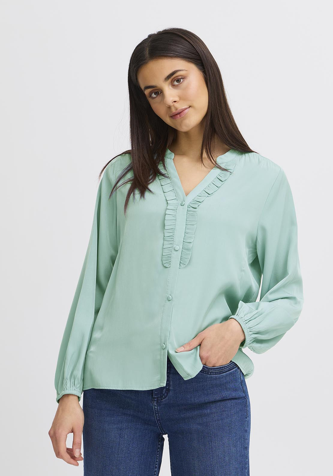 Fransa Casual Long Sleeve Woven Shirt - Aquifer 2 Shaws Department Stores