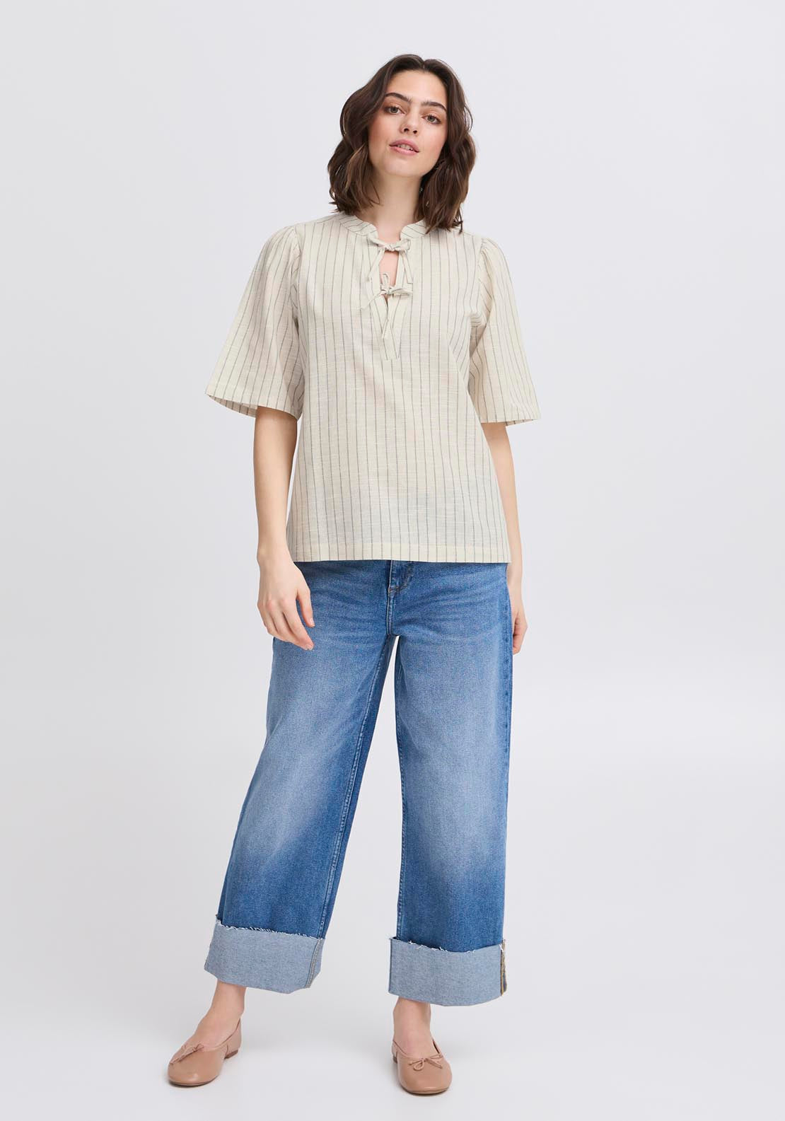 Fransa Casual Short Sleeve Blouse - Agave Green Melange Stripes 3 Shaws Department Stores