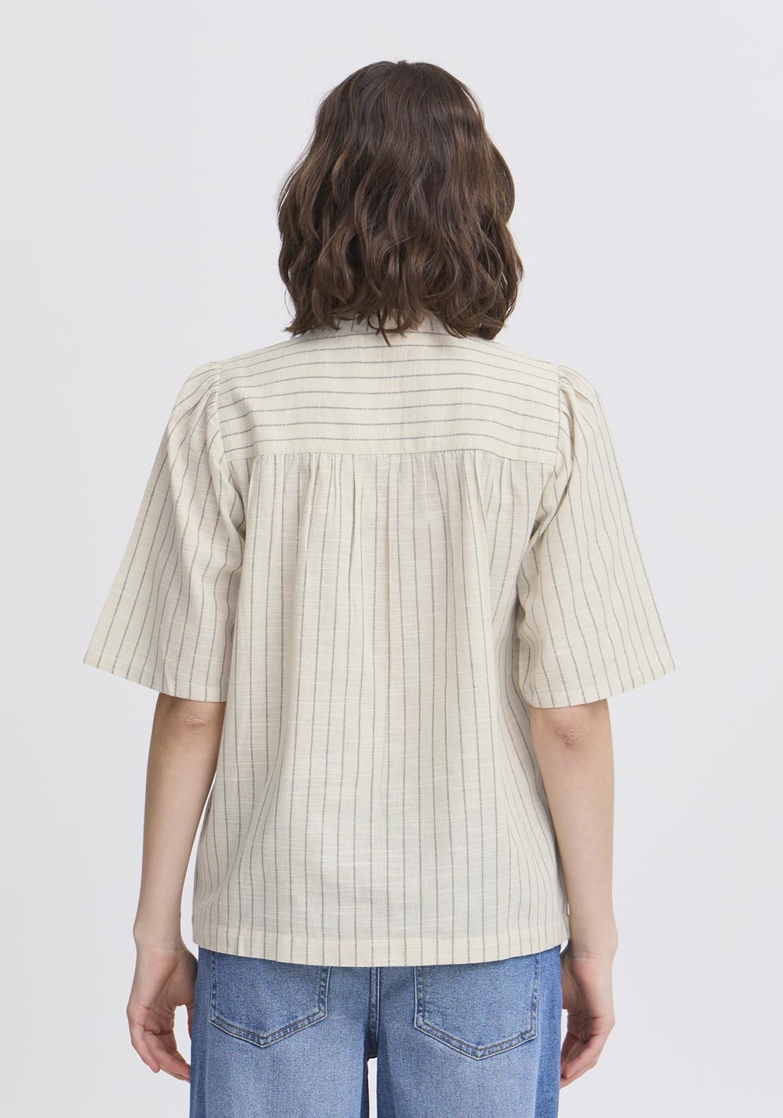 Fransa Casual Short Sleeve Blouse - Agave Green Melange Stripes 2 Shaws Department Stores