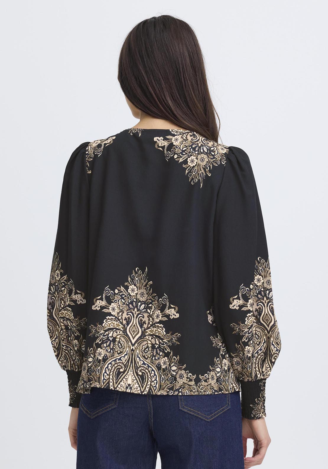 Fransa Long Sleeve Blouse - Black Paisley 2 Shaws Department Stores
