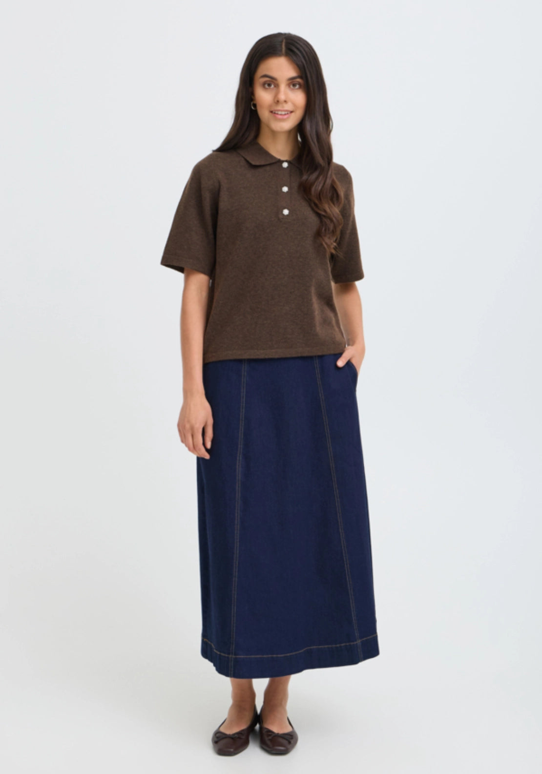 Flower Button T-Shirt - Hot Fudge Melange