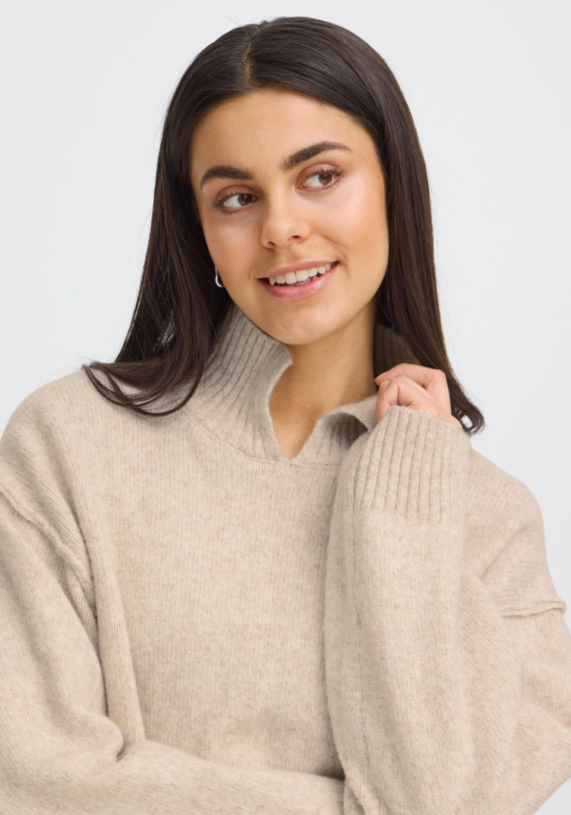 High Neck Knit Pullover - Oatmeal Melange
