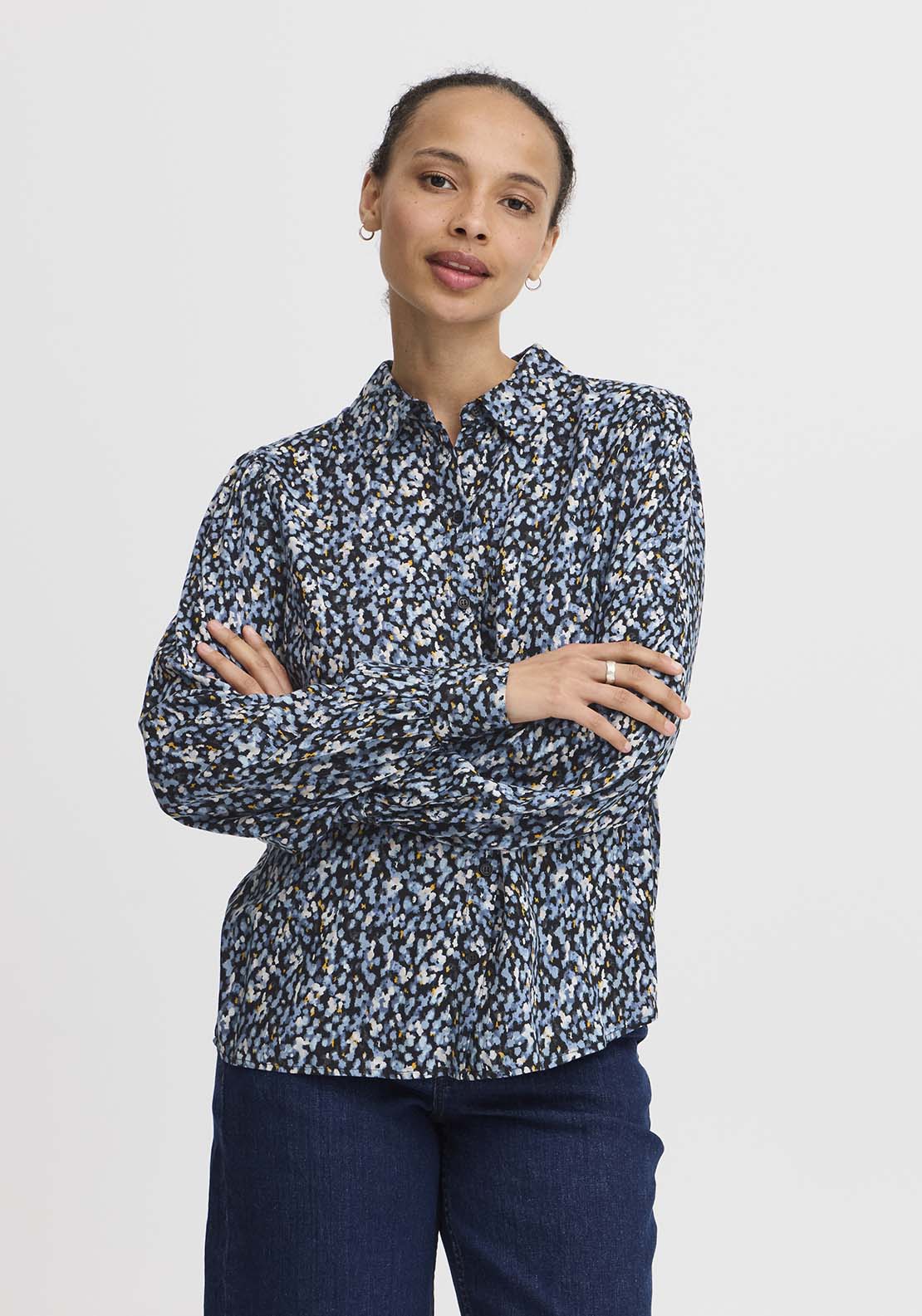 B Young Josa Puff Shirt - Dusty Blue Flower Mix 1 Shaws Department Stores