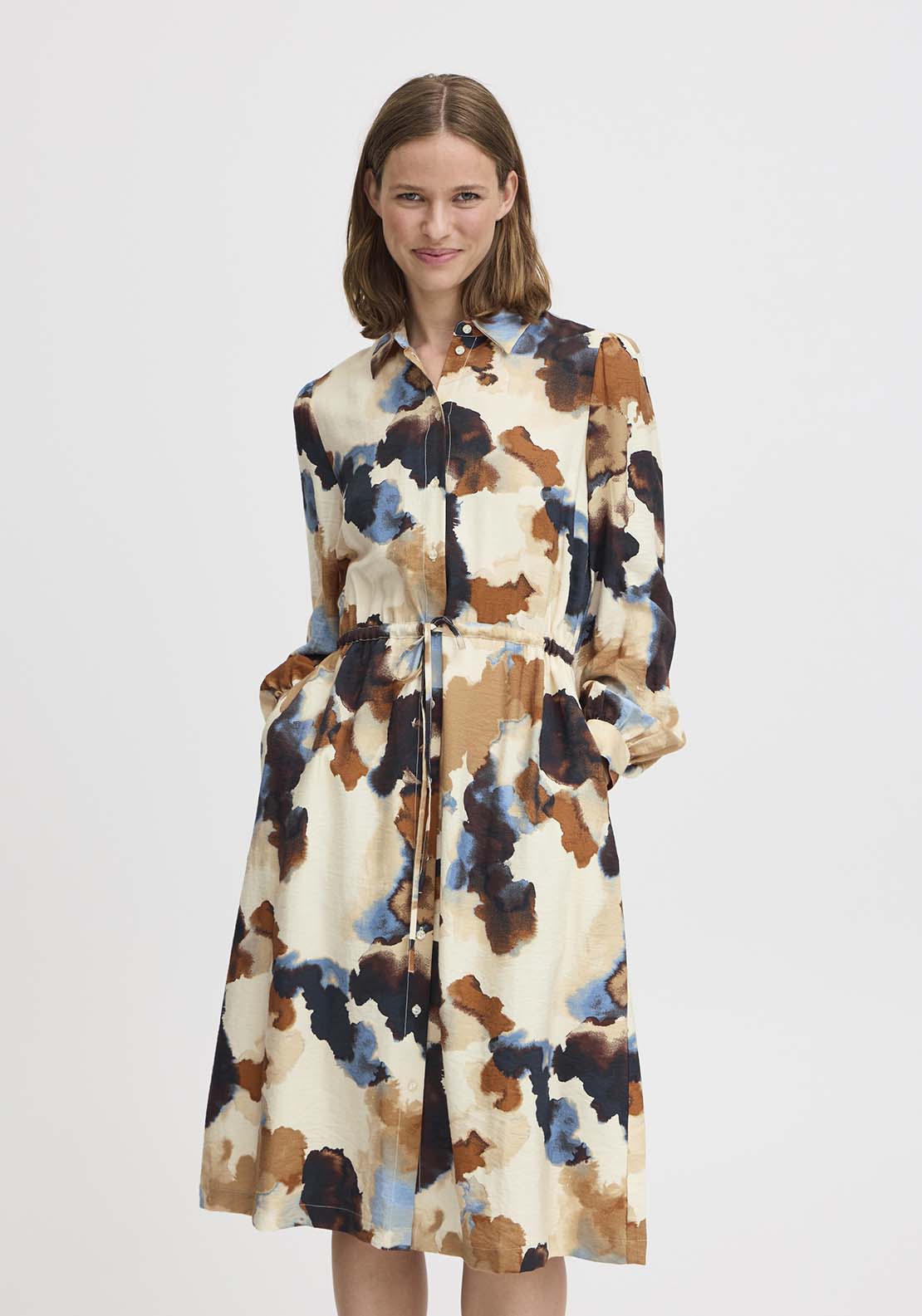 B Young Knee Length Long Sleeve Shirt Dress - Birch Watercolor Mix 2 Shaws Department Stores