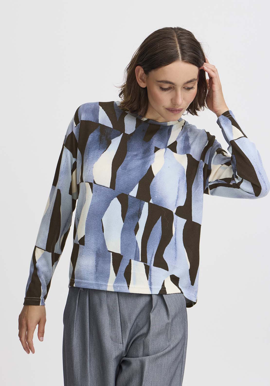 B Young Pieta Crew T-Shirt - Dusty Blue Abstract Mix 1 Shaws Department Stores