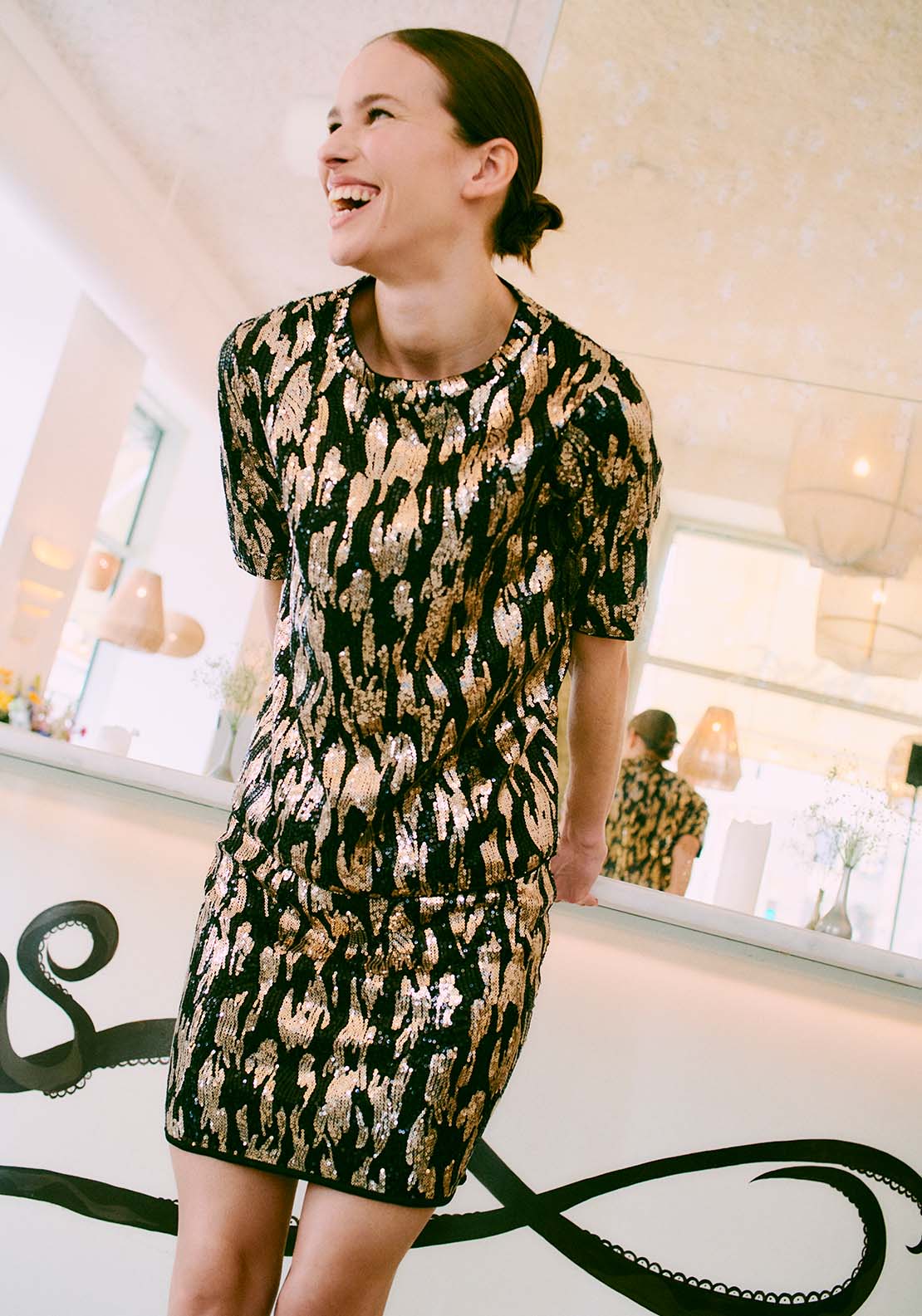 B Young Rei Skirt - Gold Abstract Mix 2 Shaws Department Stores