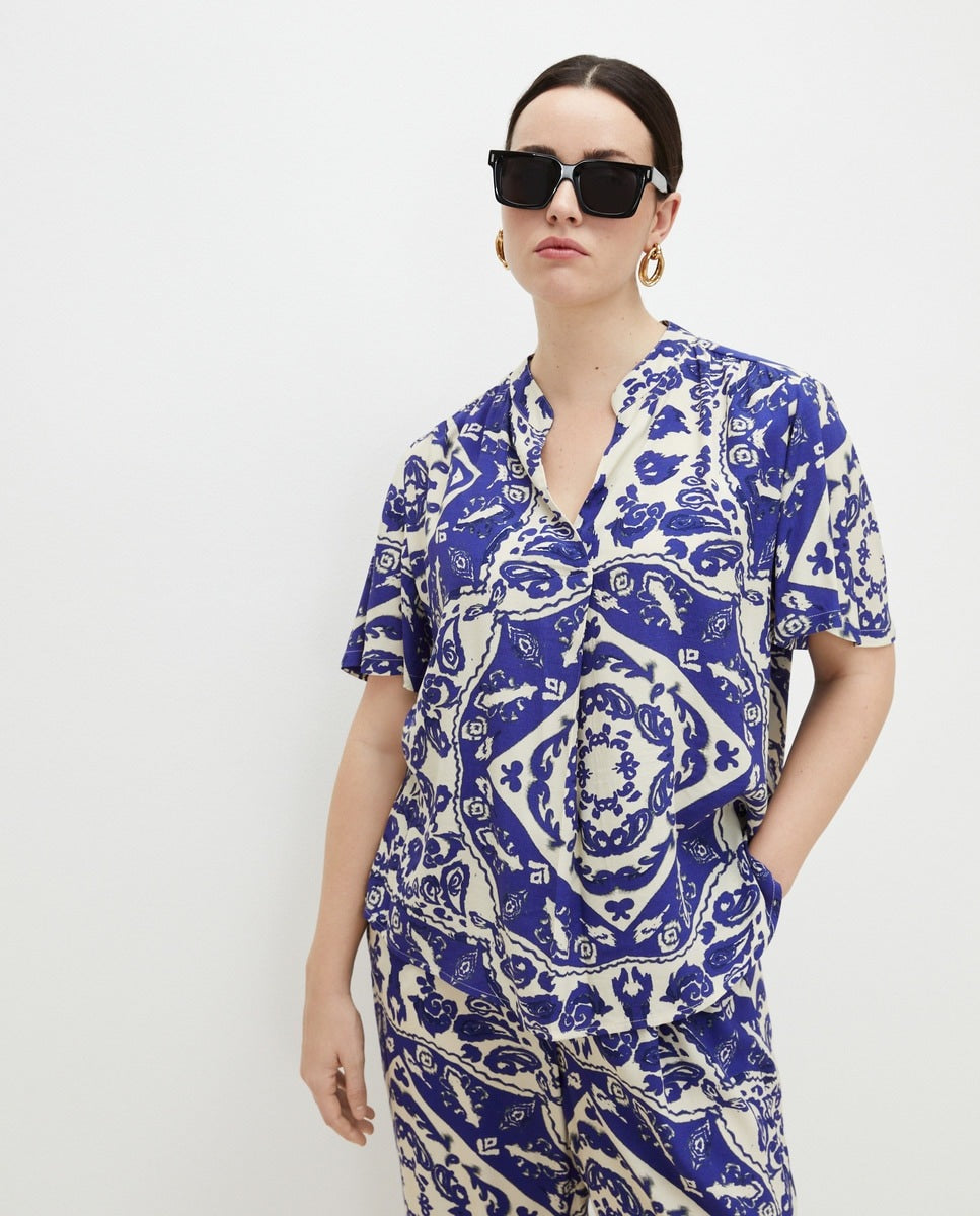Couchel Short Sleeve Blouse - Blue Geometric Print 1 Shaws Department Stores