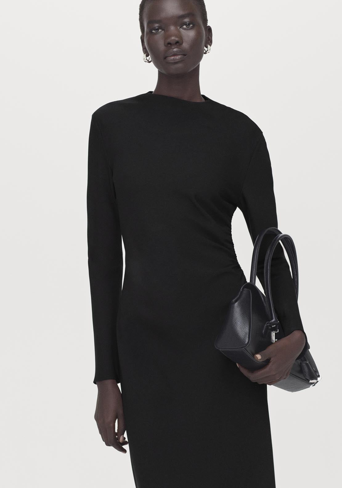 Ruched Midi Dress - Black