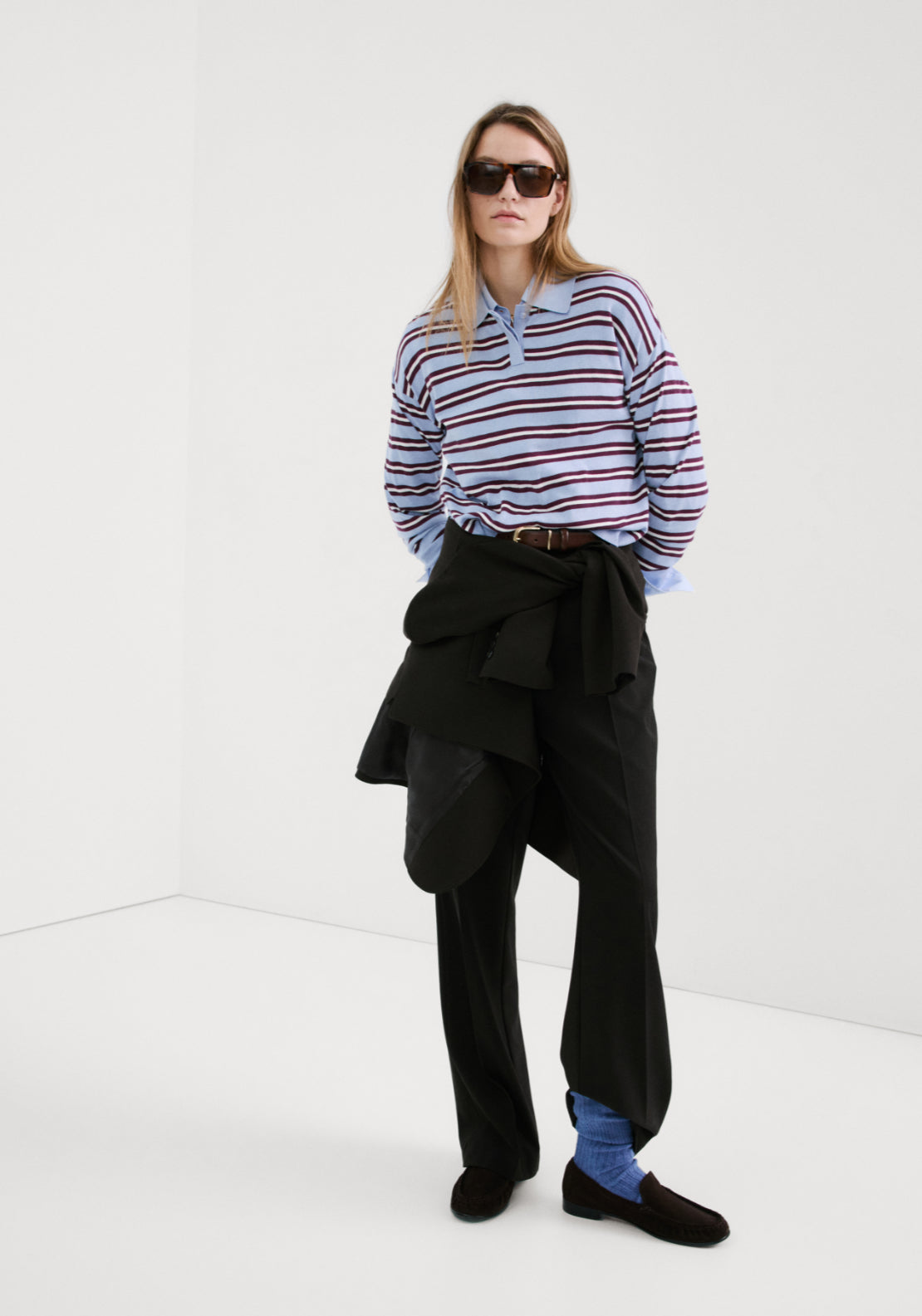 Striped Polo Neck Sweater - Light Blue