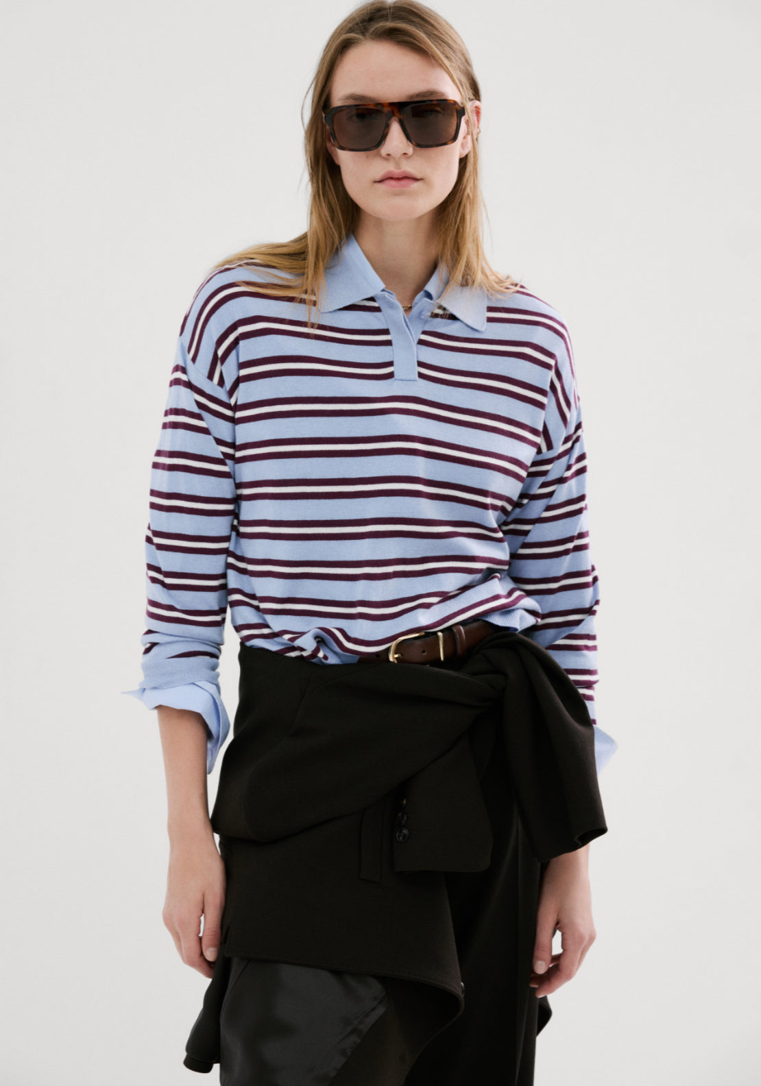 Striped Polo Neck Sweater - Light Blue