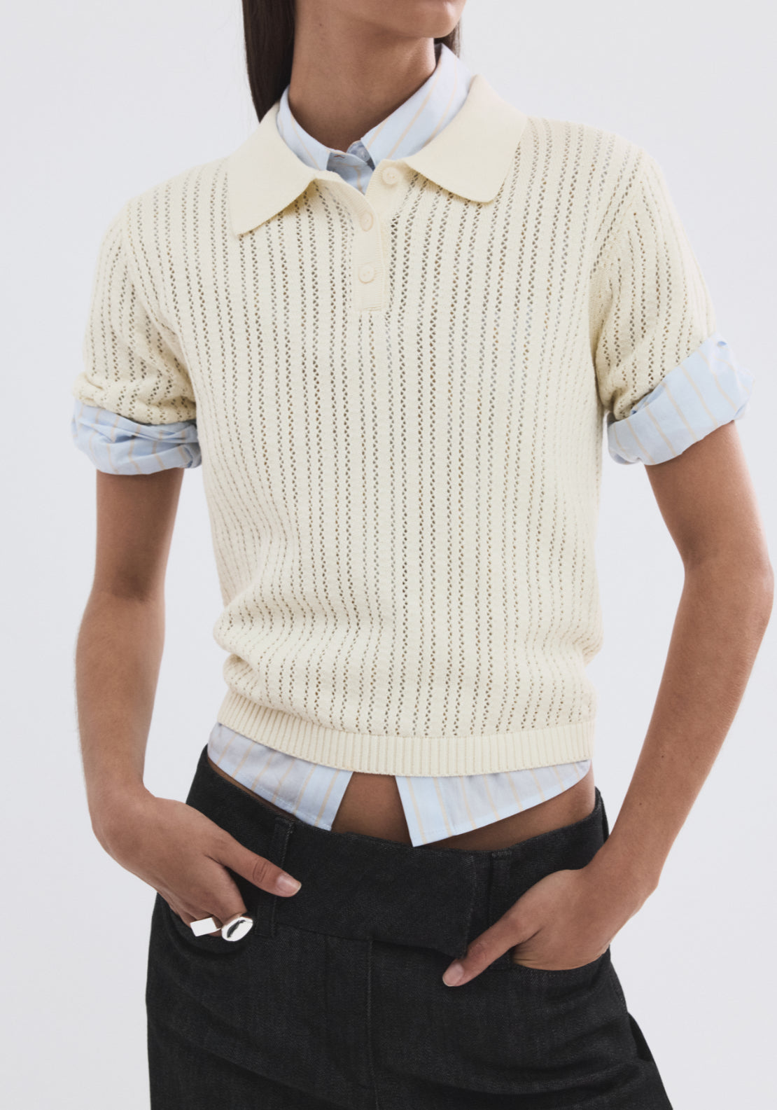 Openwork Knitted Polo Neck Sweater - Cream