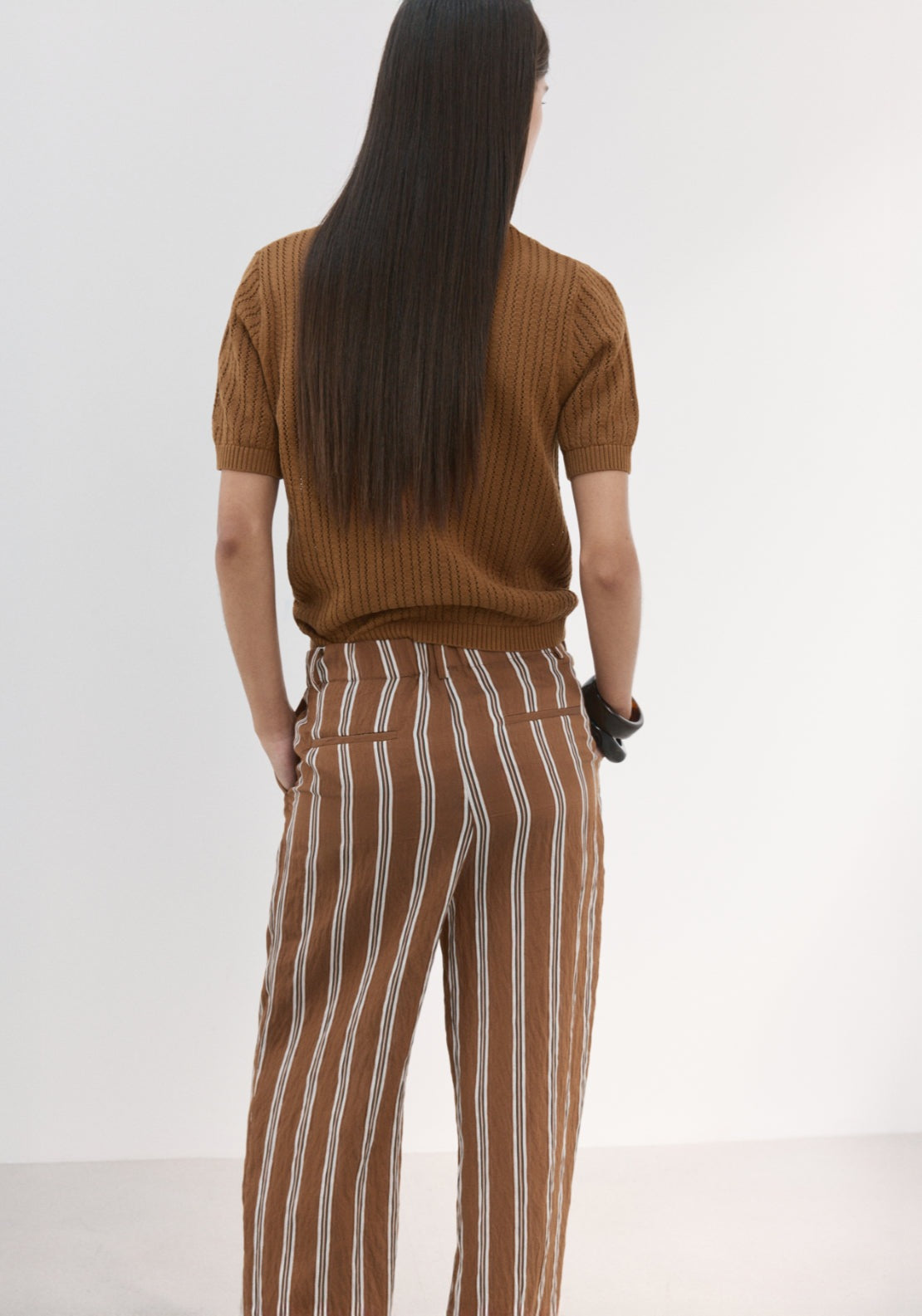 Openwork Knitted Polo Neck Sweater - Brown