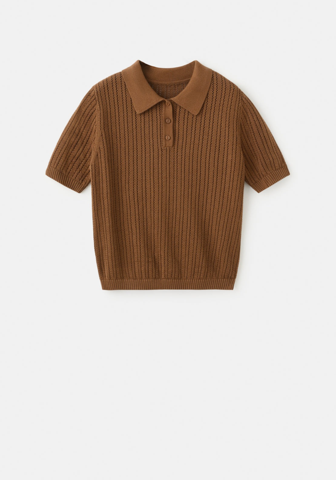 Openwork Knitted Polo Neck Sweater - Brown
