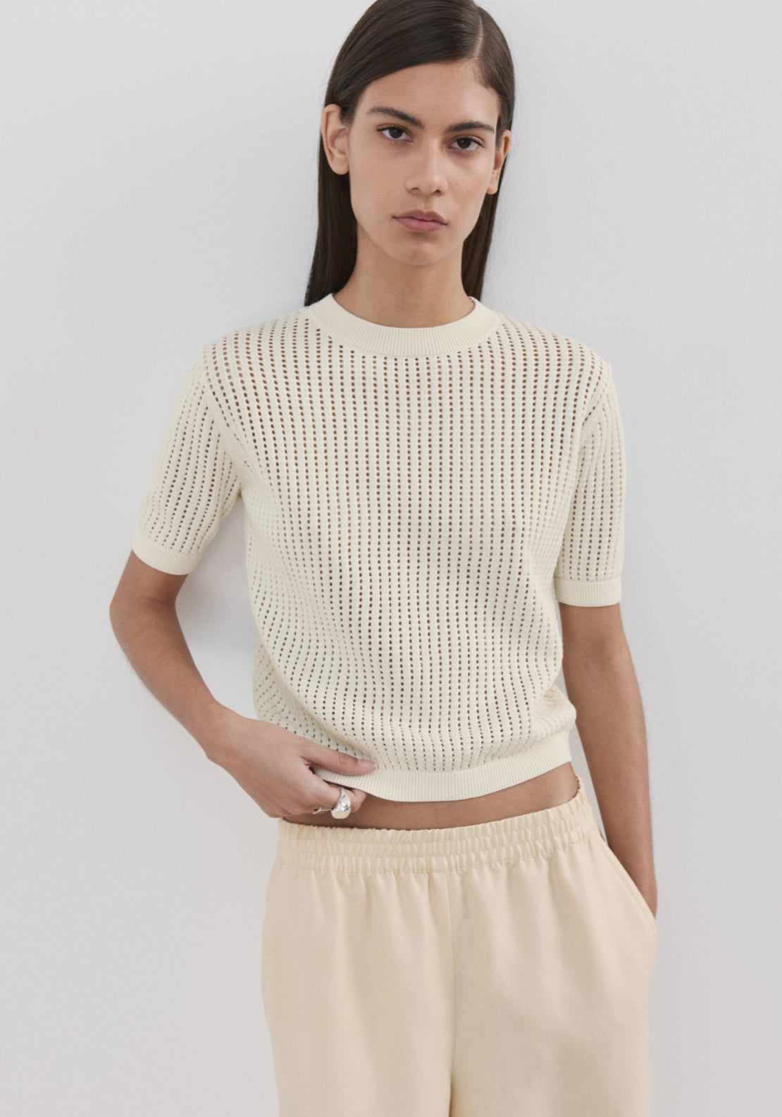 Short Sleeved Openwork Knitted Sweater - Cream