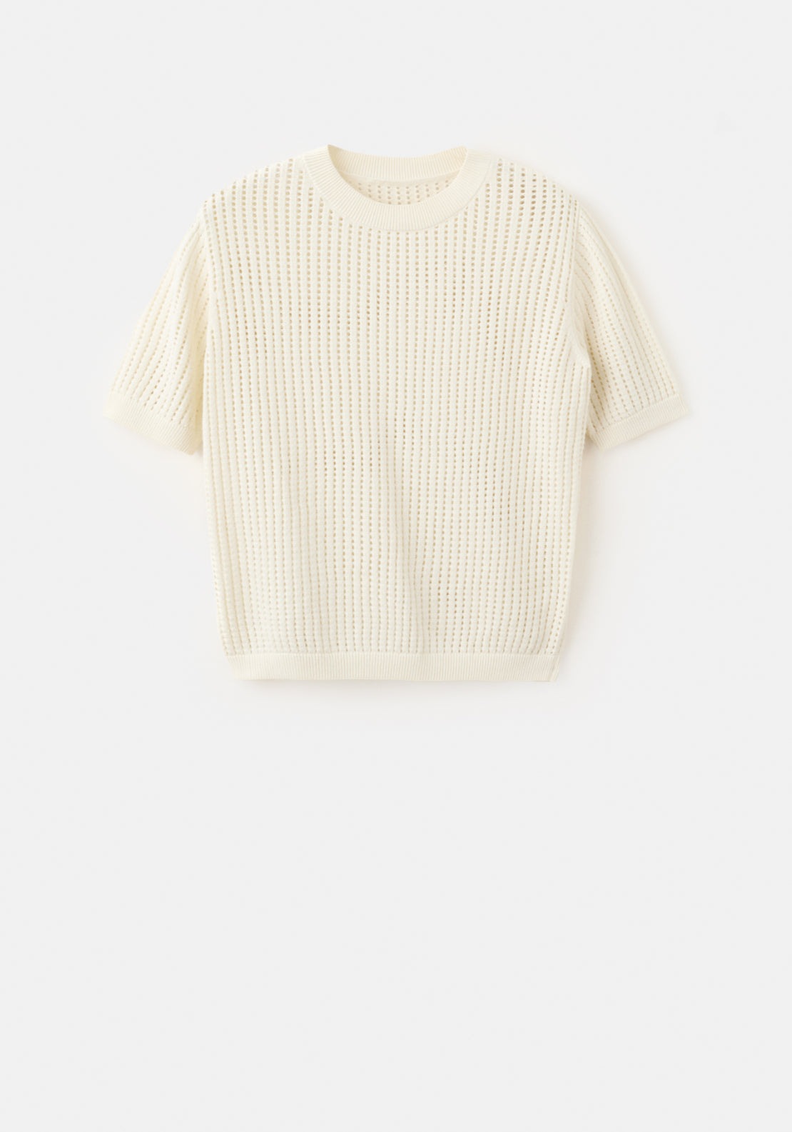 Short Sleeved Openwork Knitted Sweater - Cream