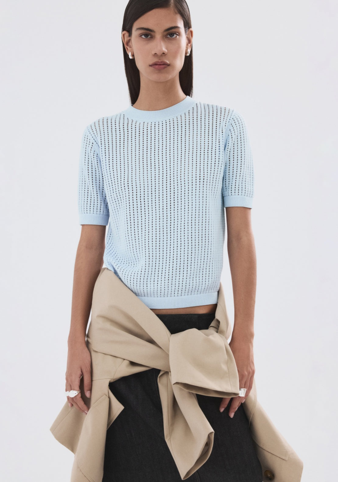 Short Sleeved Openwork Knitted Sweater - Blue