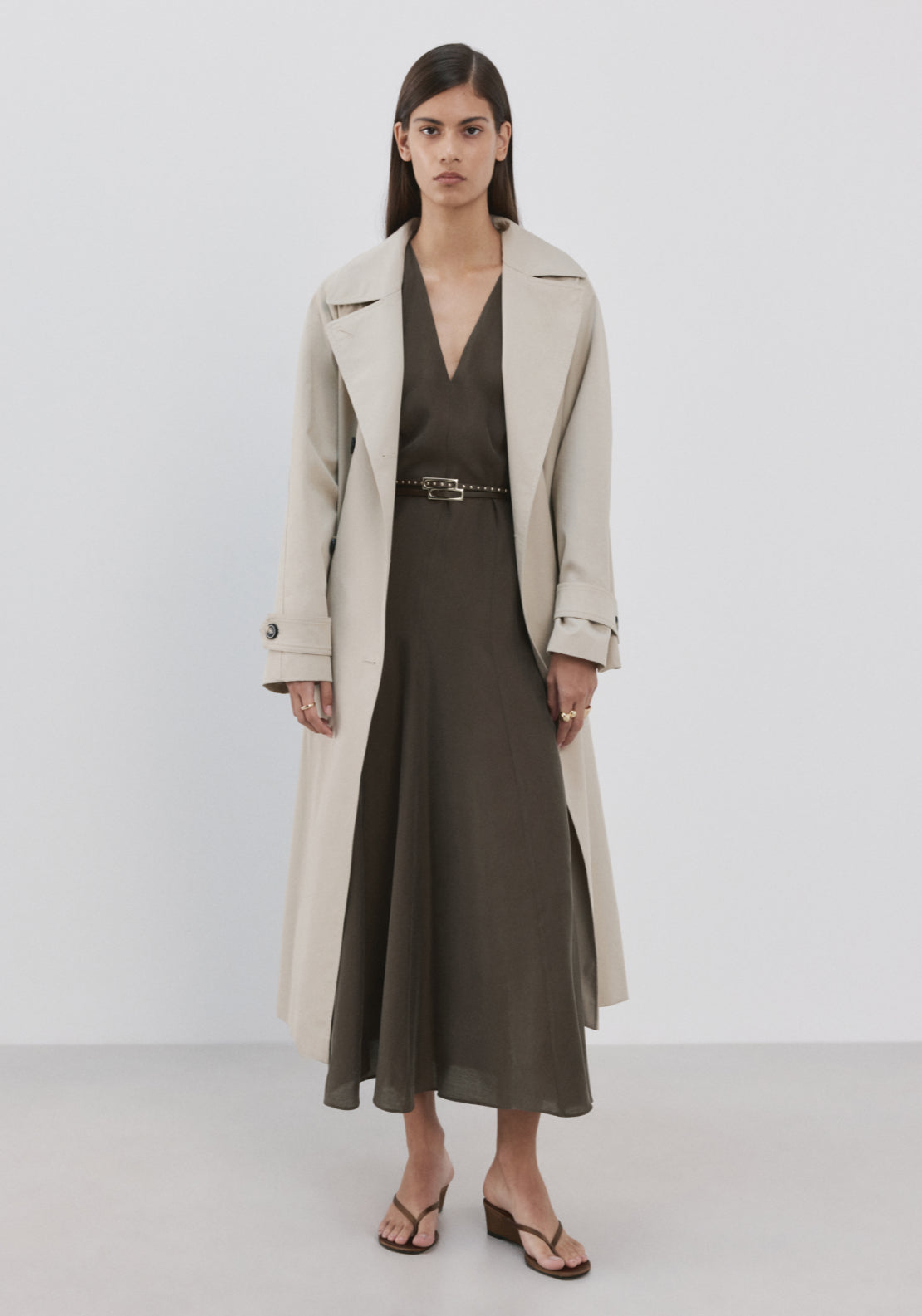 Double Belted Flared Dress - Brown