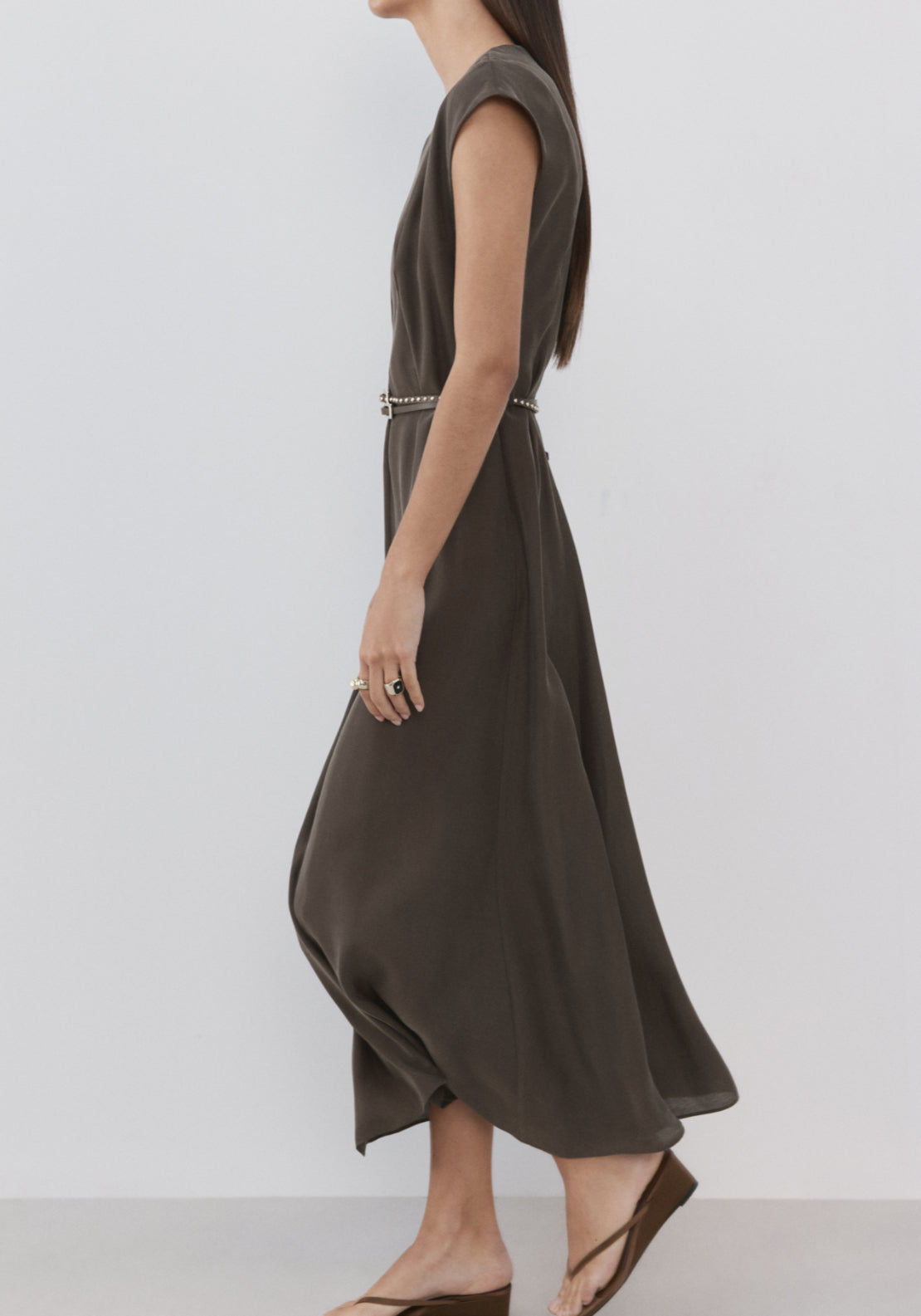 Double Belted Flared Dress - Brown