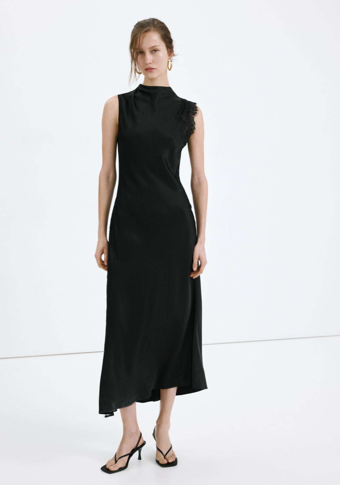 Satin Dress With Lace Details - Black