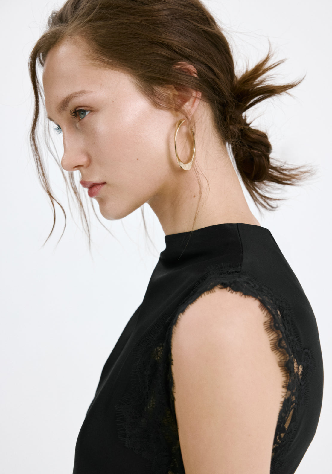 Satin Dress With Lace Details - Black