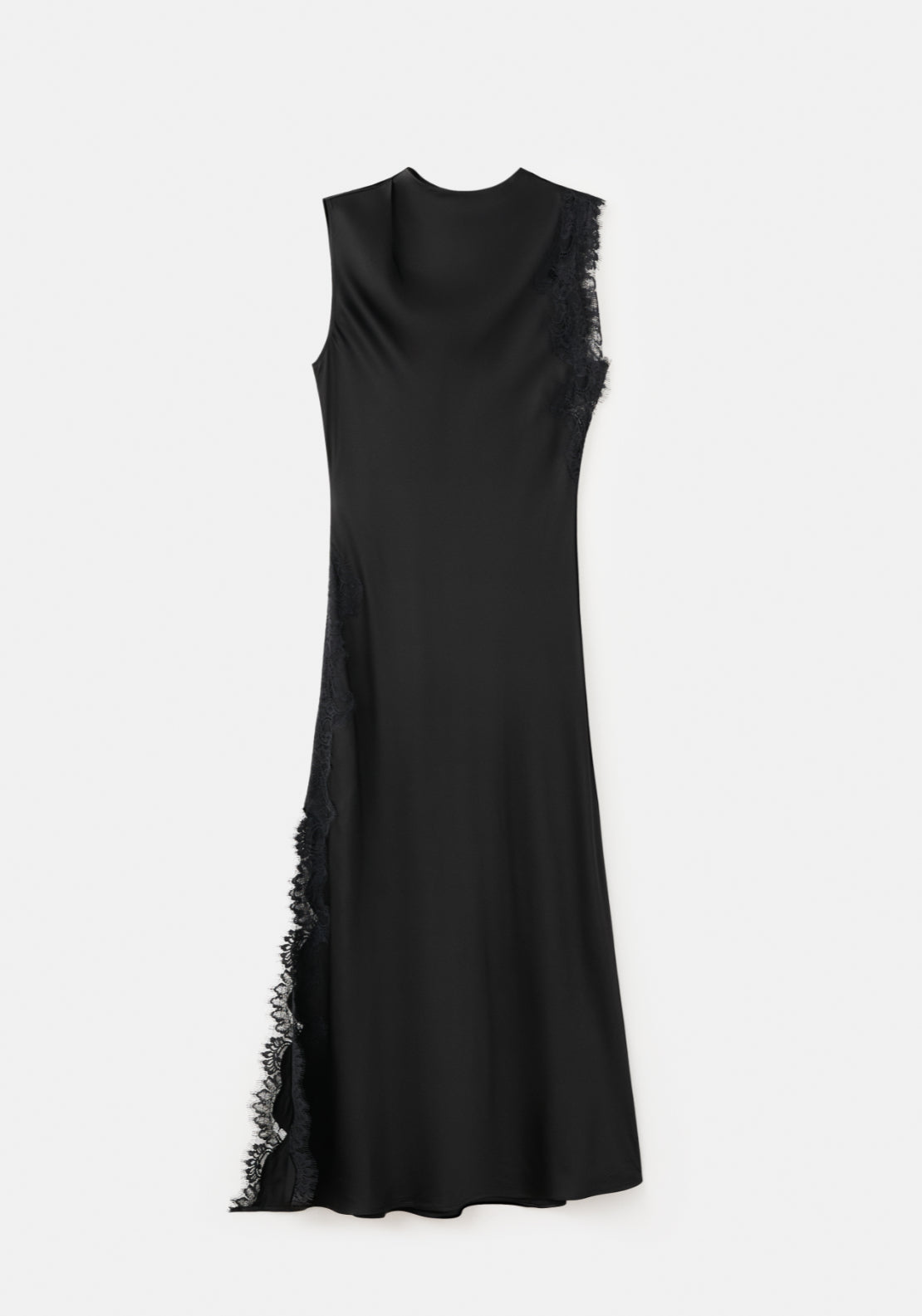 Satin Dress With Lace Details - Black