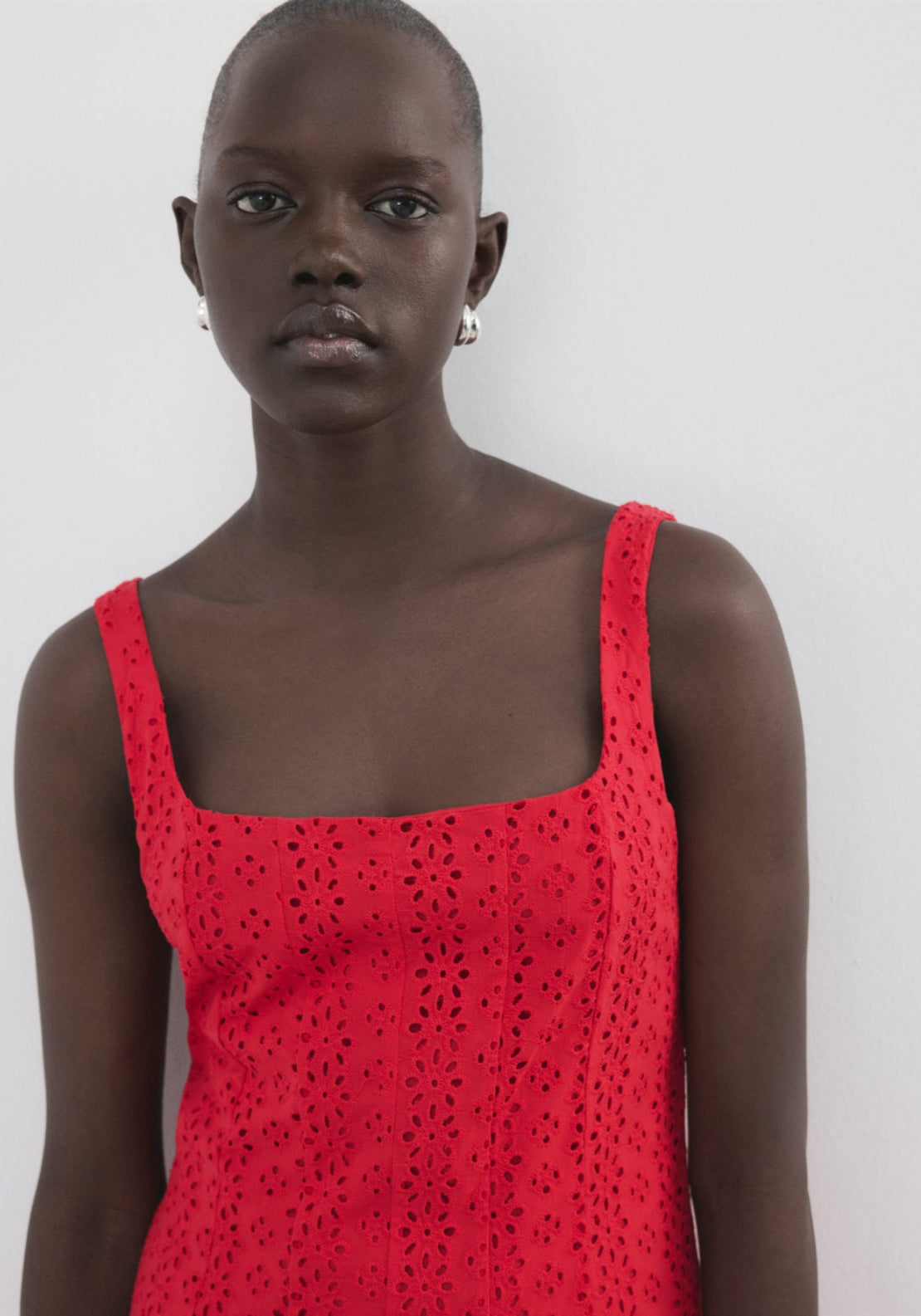 Embroidered Cutwork A-Line Dress - Red