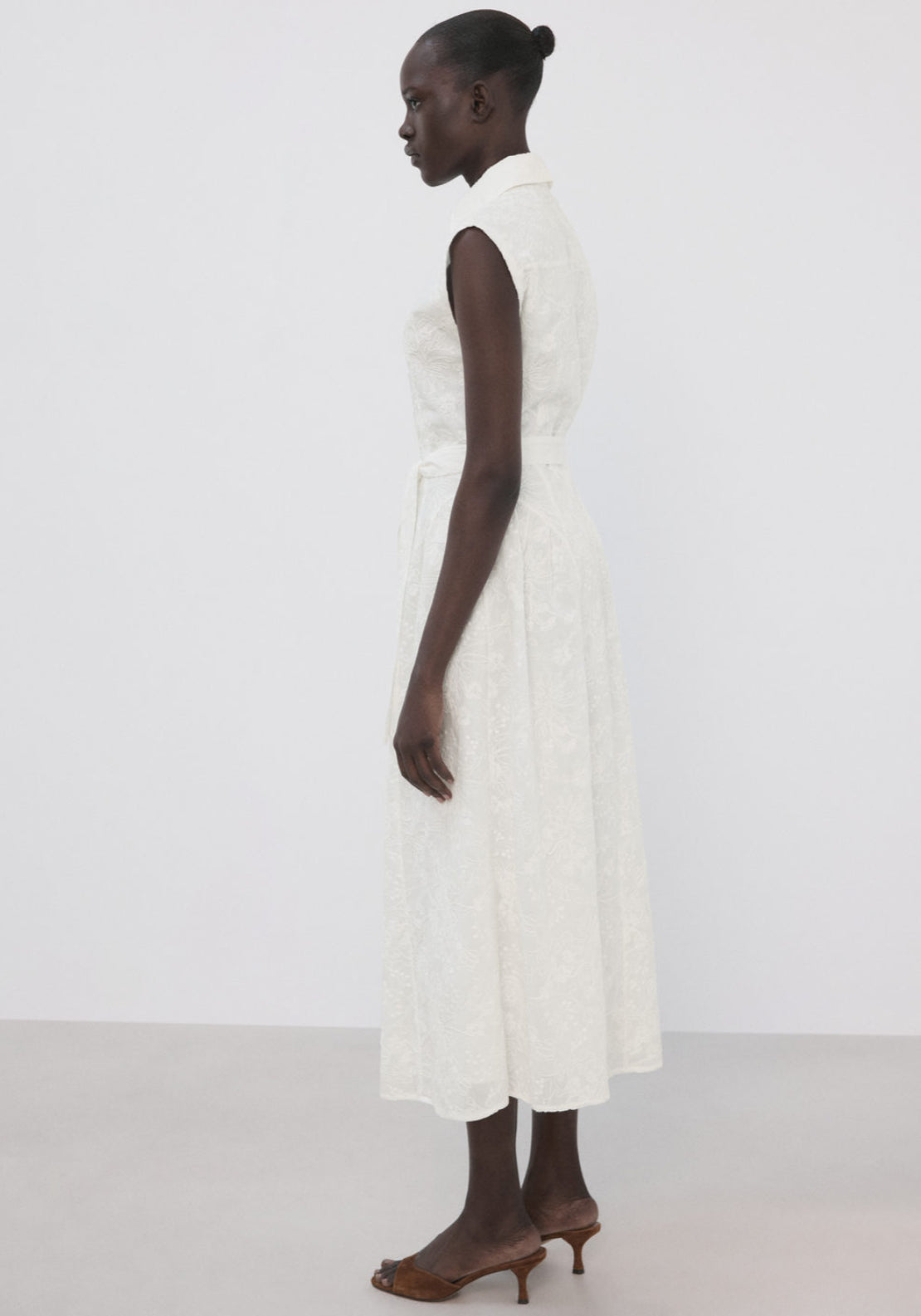 Embroidered Belt Dress - White