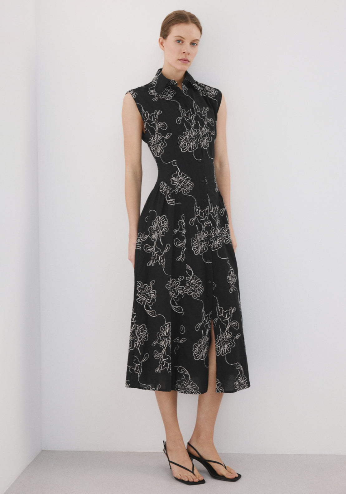 Embroidered Floral Shirt Dress - Black