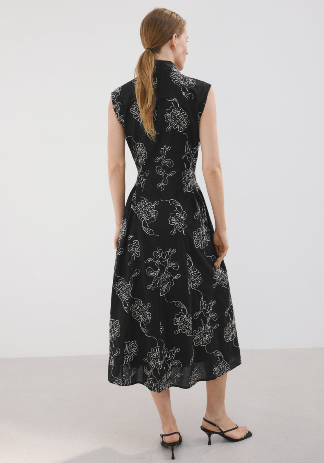 Embroidered Floral Shirt Dress - Black