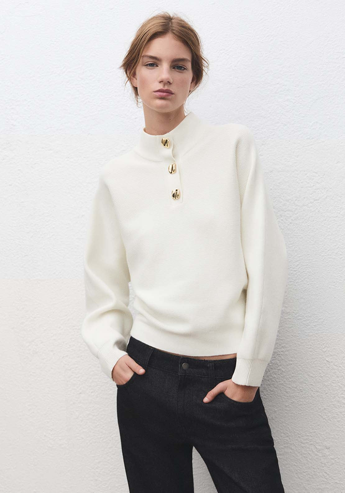 Turtleneck Sweater With Jewel Buttons - Cream