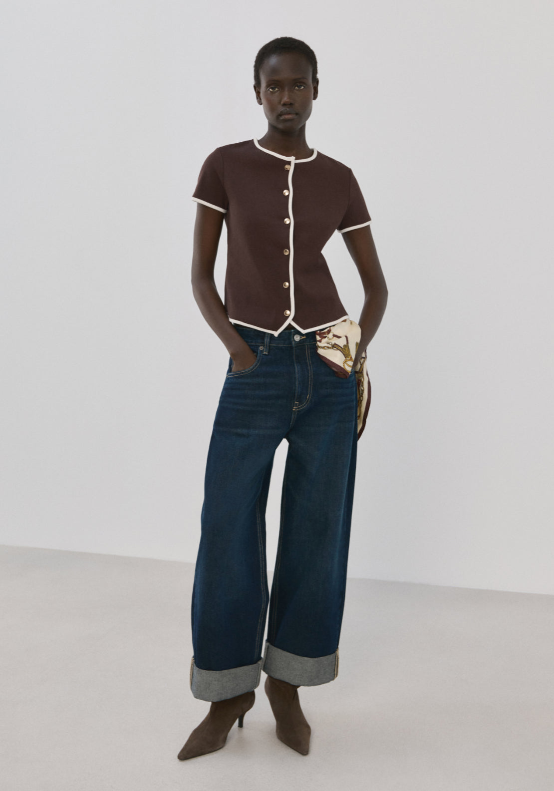 Buttoned Cotton T-Shirt - Brown
