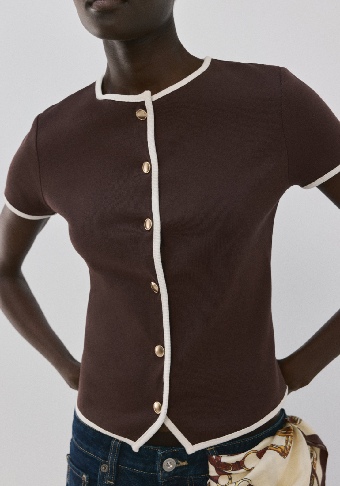 Buttoned Cotton T-Shirt - Brown