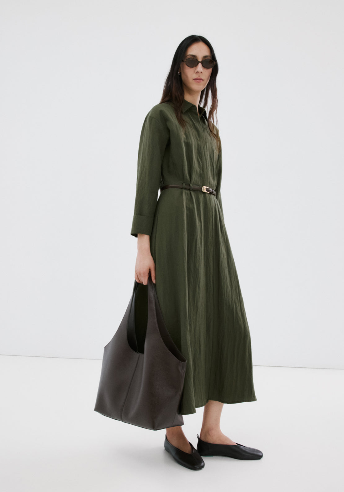 Lyocell Belted Shirt Dress - Green