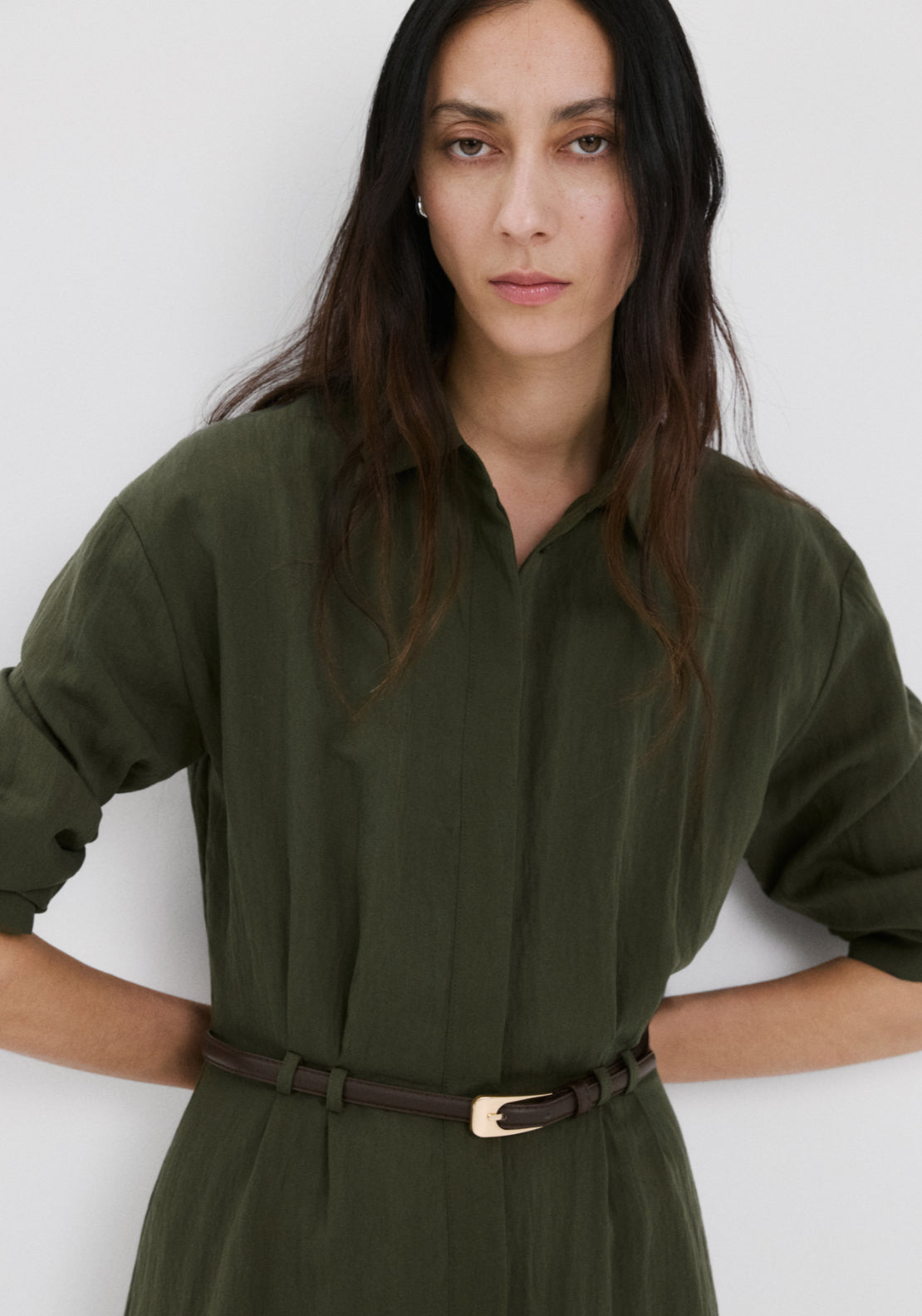 Lyocell Belted Shirt Dress - Green