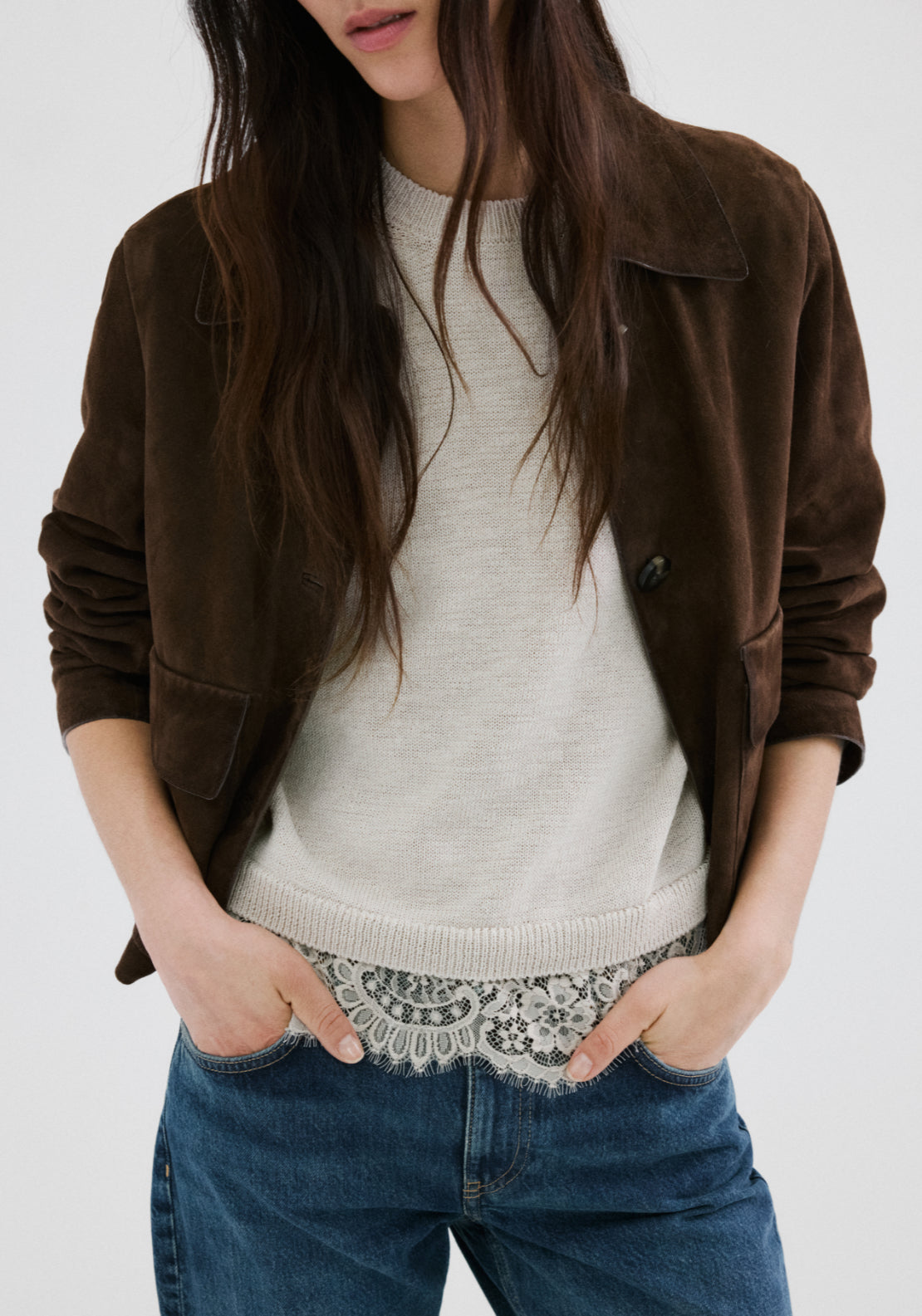 Ribbed Lace Trimmed Jumper - Beige