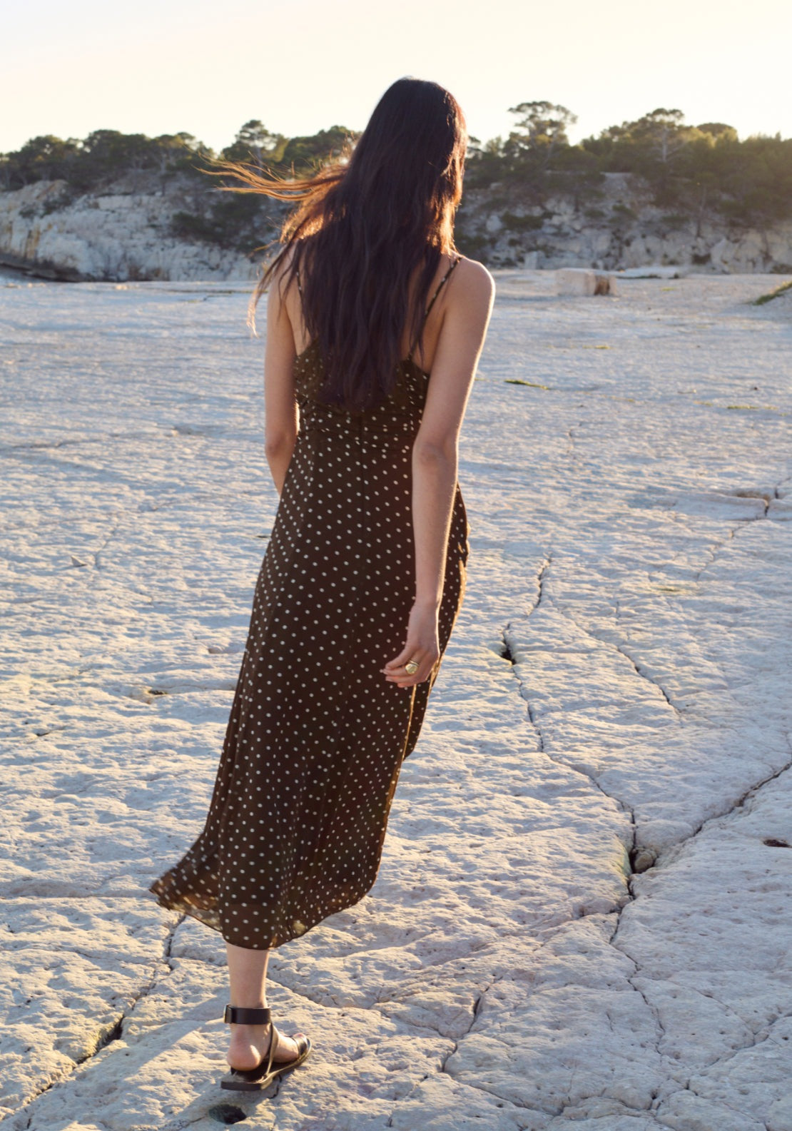Polka Dot Dress With Gathered Neckline - Brown