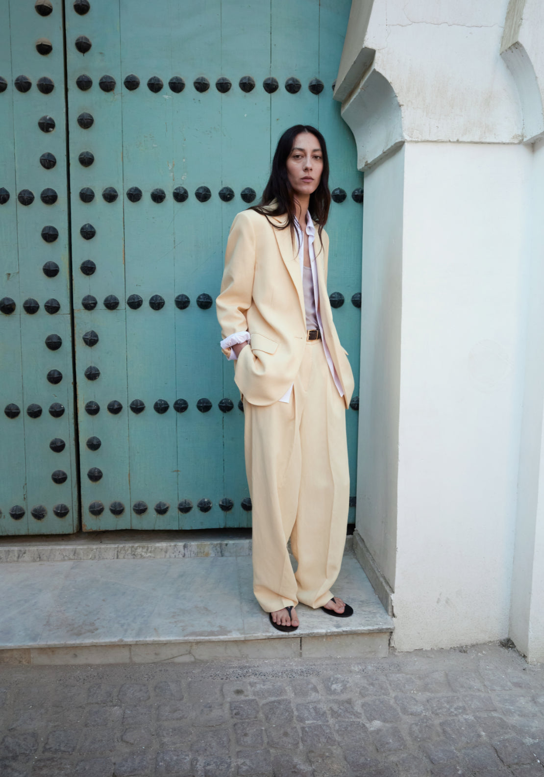 Linen Blend Straight Trousers - Yellow