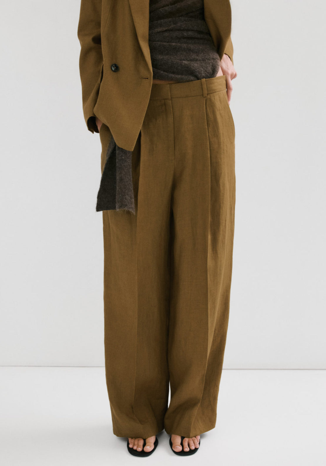Straight Fit Linen Suit Trousers - Green