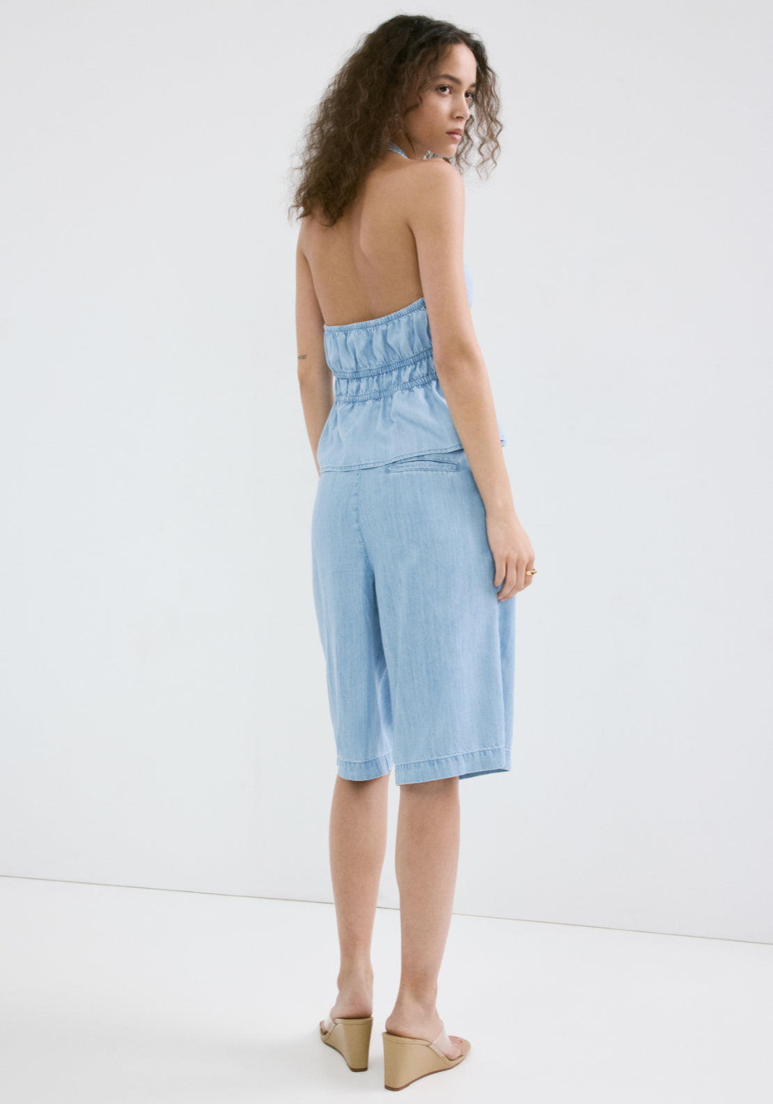 V-Neck Denim Top With Bow - Denim Blue