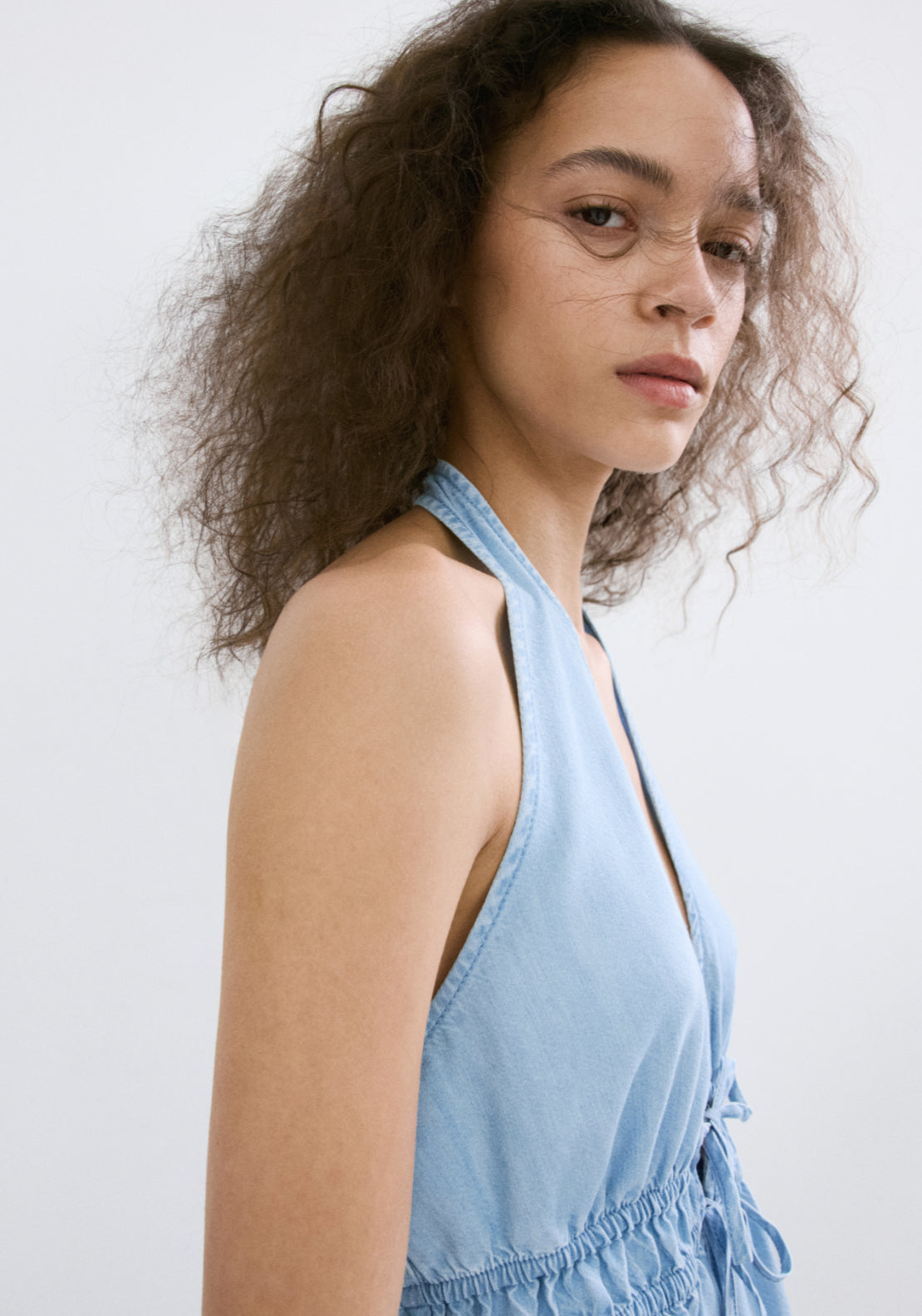 V-Neck Denim Top With Bow - Denim Blue