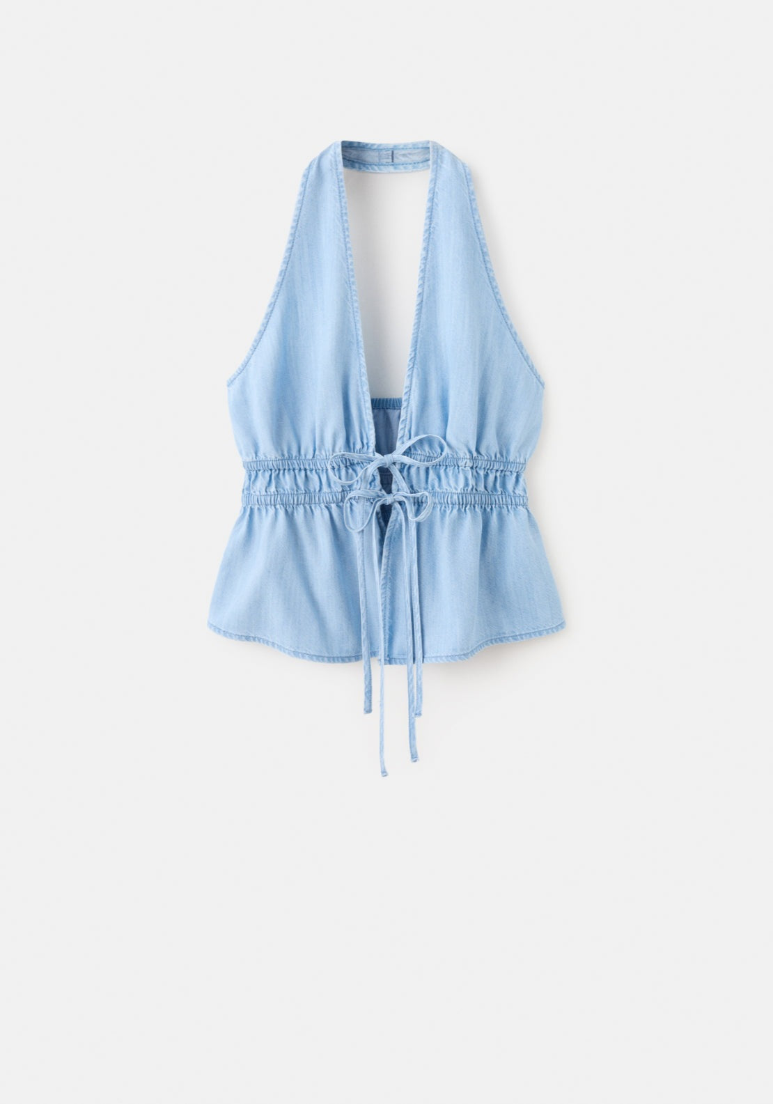 V-Neck Denim Top With Bow - Denim Blue