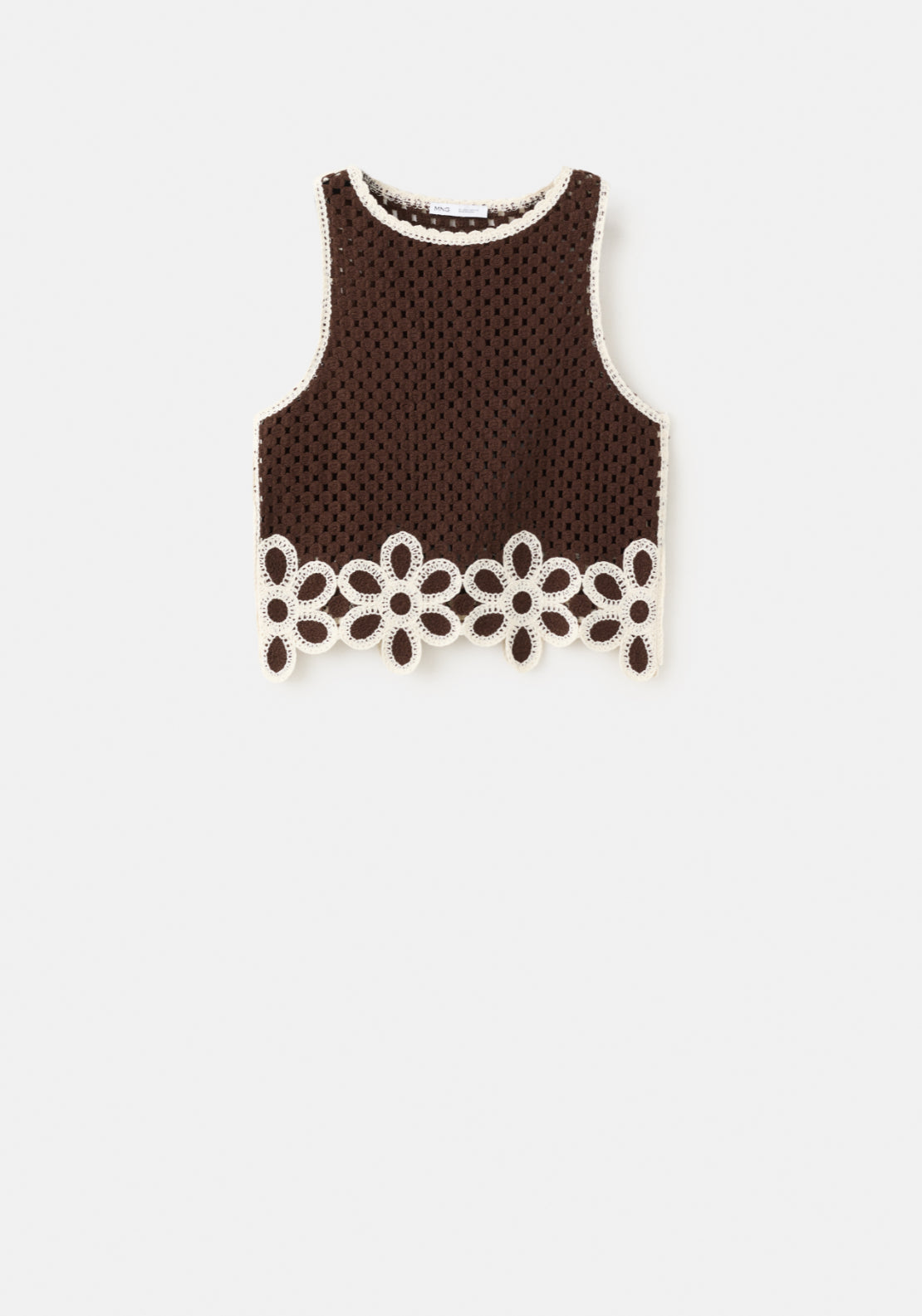 Floral Embroidered Crochet Top - Brown