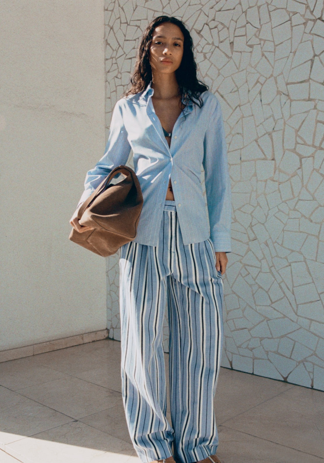 Wide Leg Striped Jeans - Blue