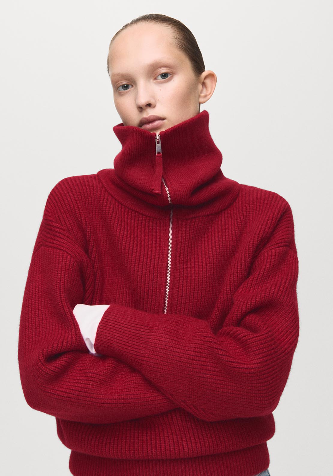 Sweater With Funnel Neck And Zip - Burgundy