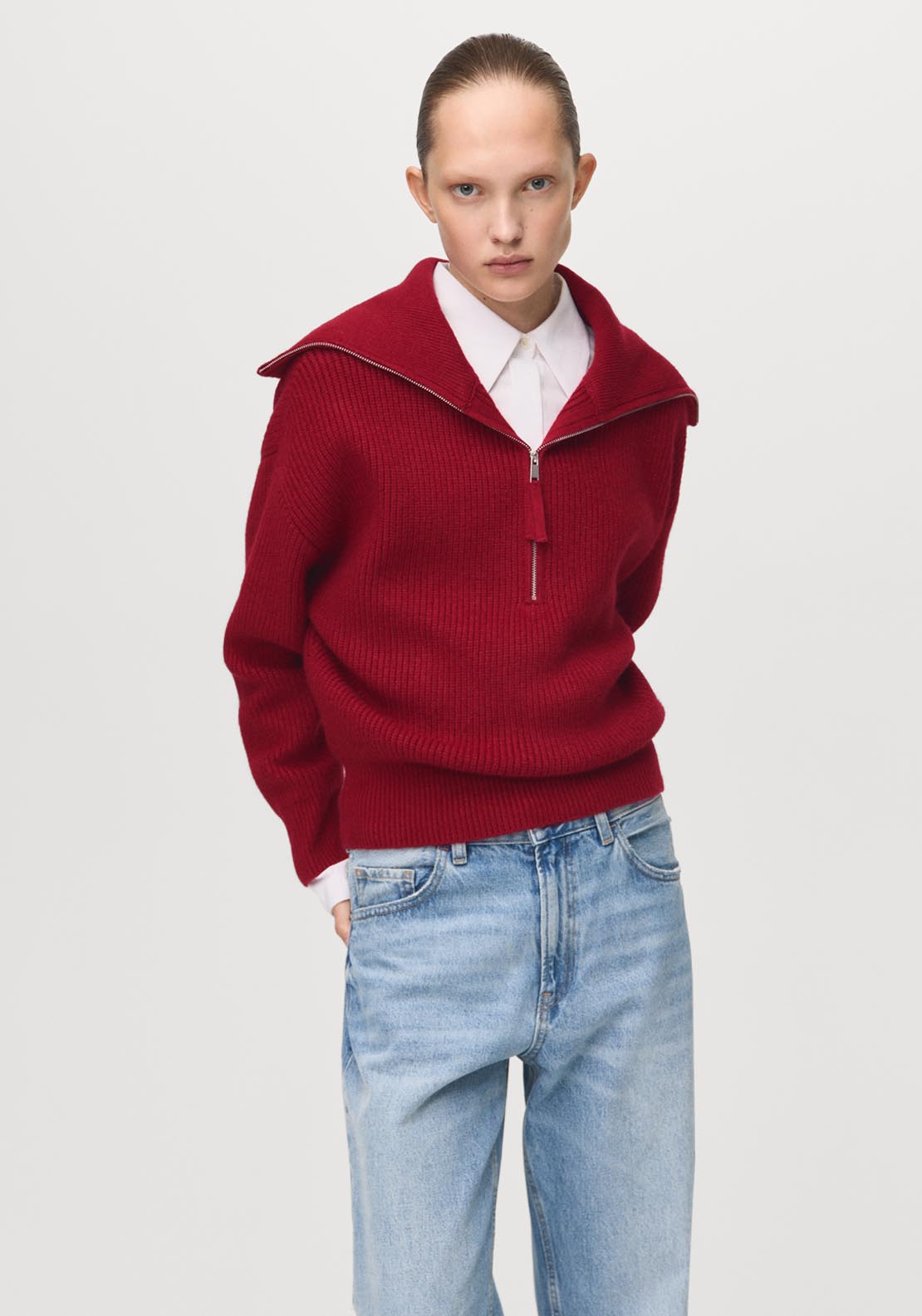 Sweater With Funnel Neck And Zip - Burgundy